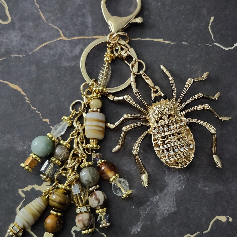 Spider Purse Charm or Keychain Handcrafted Rhinestone Glass Jasper Agate